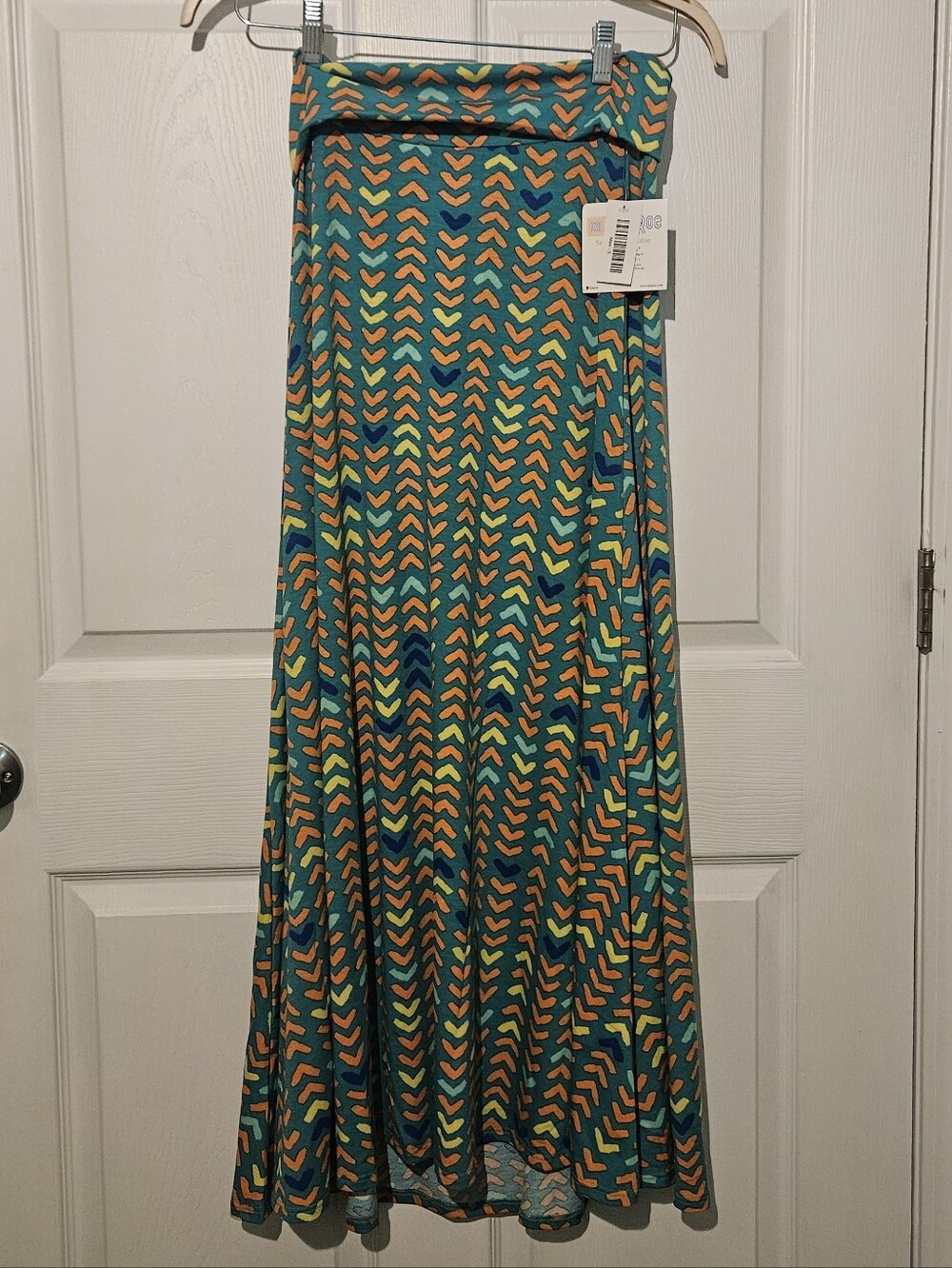 LuLaRoe S Maxi Skirt NWT Fold Over Waist Geometric Print Green Orange Yellow Blu